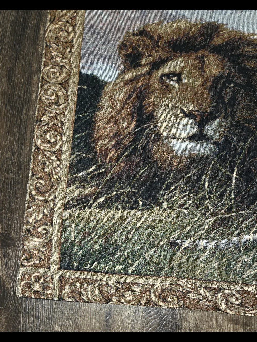 Lion & Lamb Tapestry Wall Hanging w/Black Tabs by Nancy Glazier 36” X 26”
